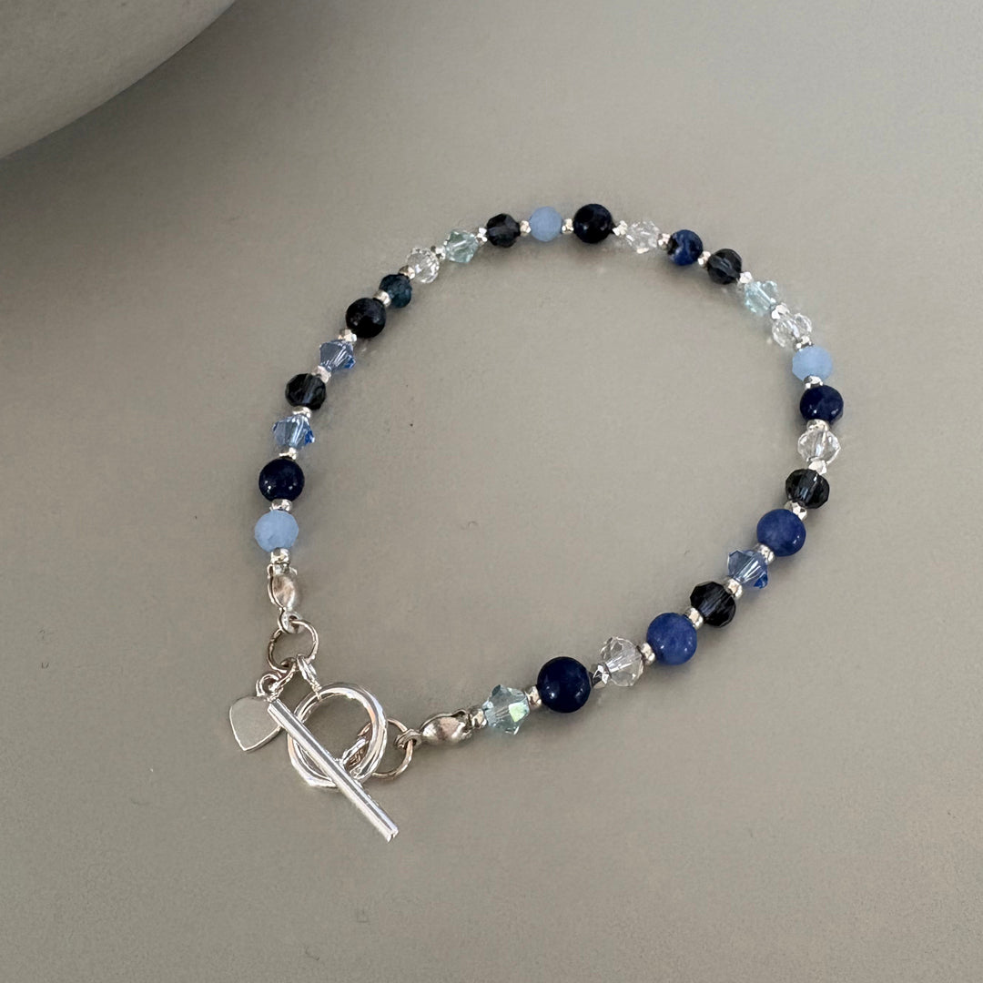 Blue Crystal & Semi-Precious Beaded Bracelet - Sterling Silver Toggle Clasp | Handmade Jewellery Gift