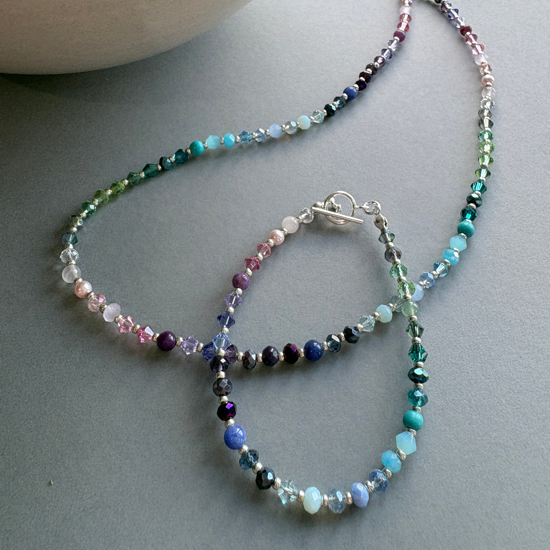 Sterling silver multiple coloured rainbow beaded cluster necklace