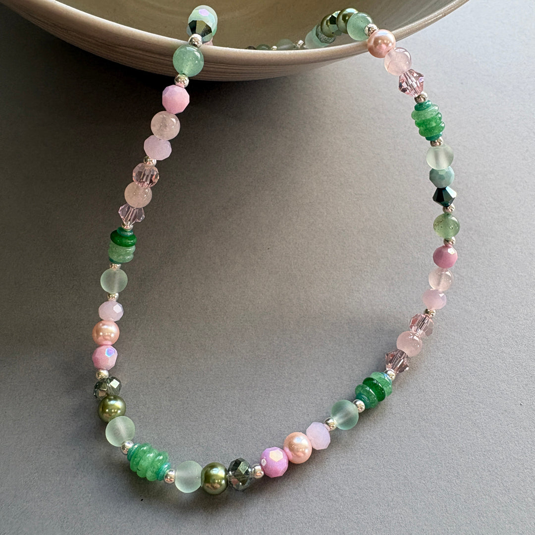 Unique Semi Precious Crystal Necklace - Pink-Green
