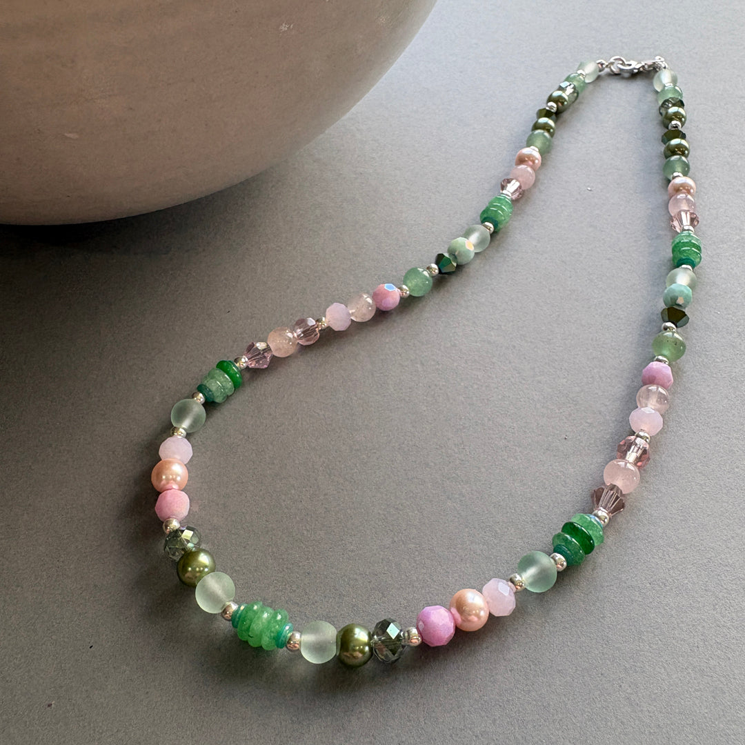 Unique Semi Precious Crystal Necklace - Pink-Green
