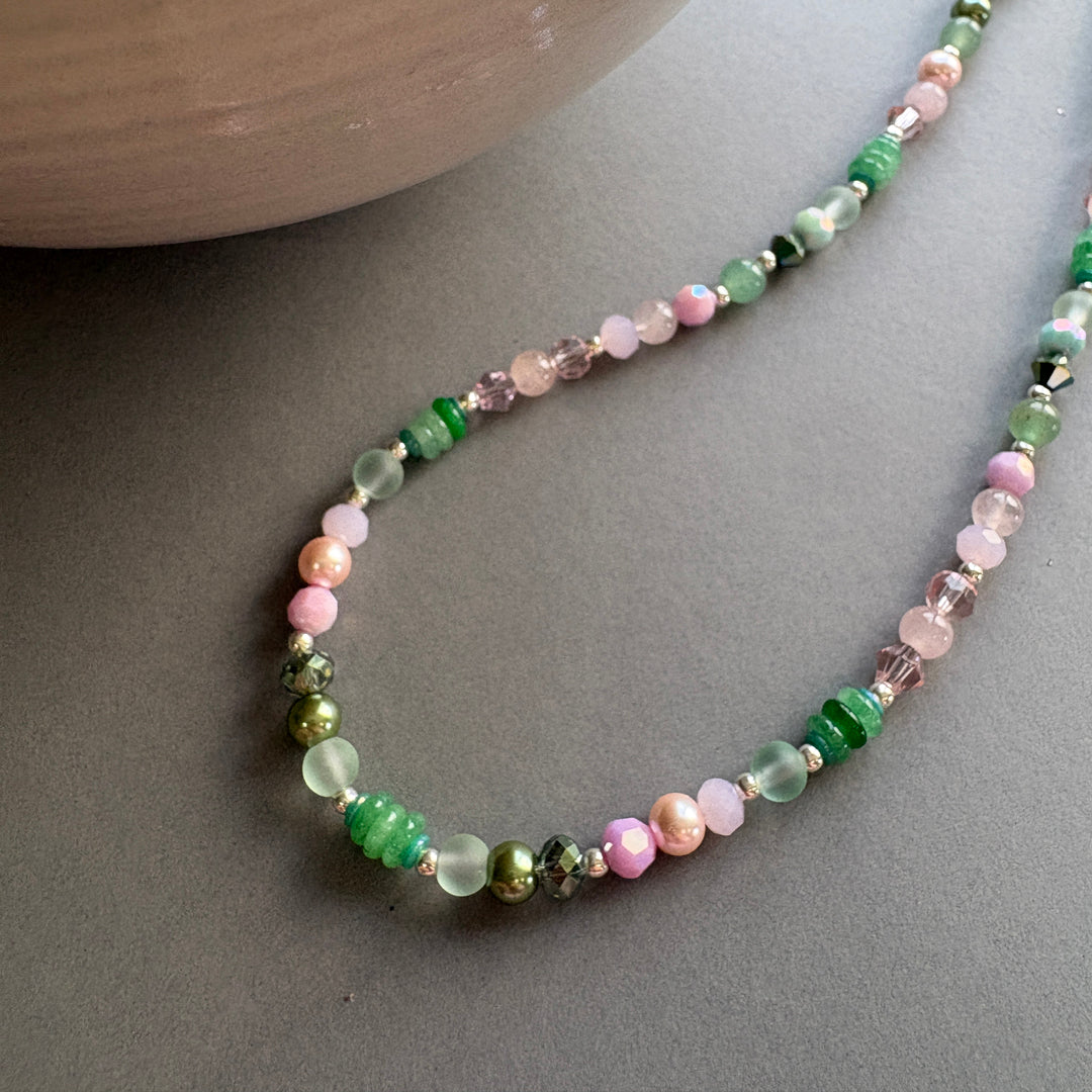 Unique Semi Precious Crystal Necklace - Pink-Green
