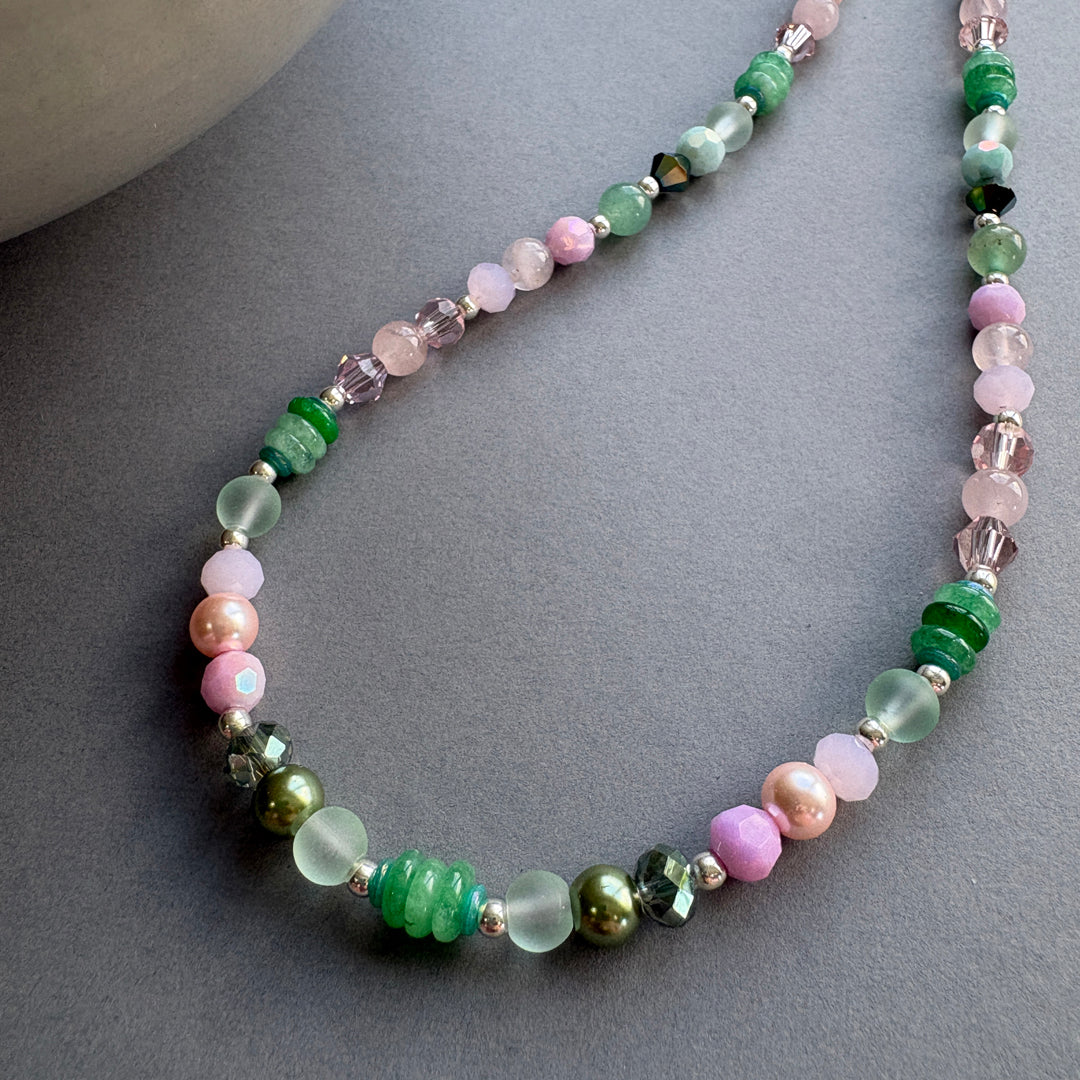Unique Semi Precious Crystal Necklace - Pink-Green