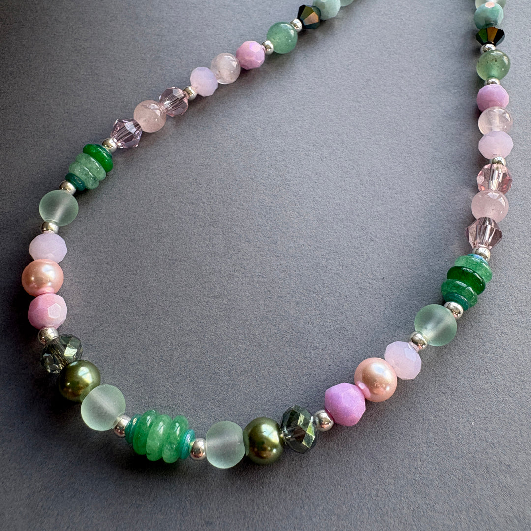 Unique Semi Precious Crystal Necklace - Pink-Green