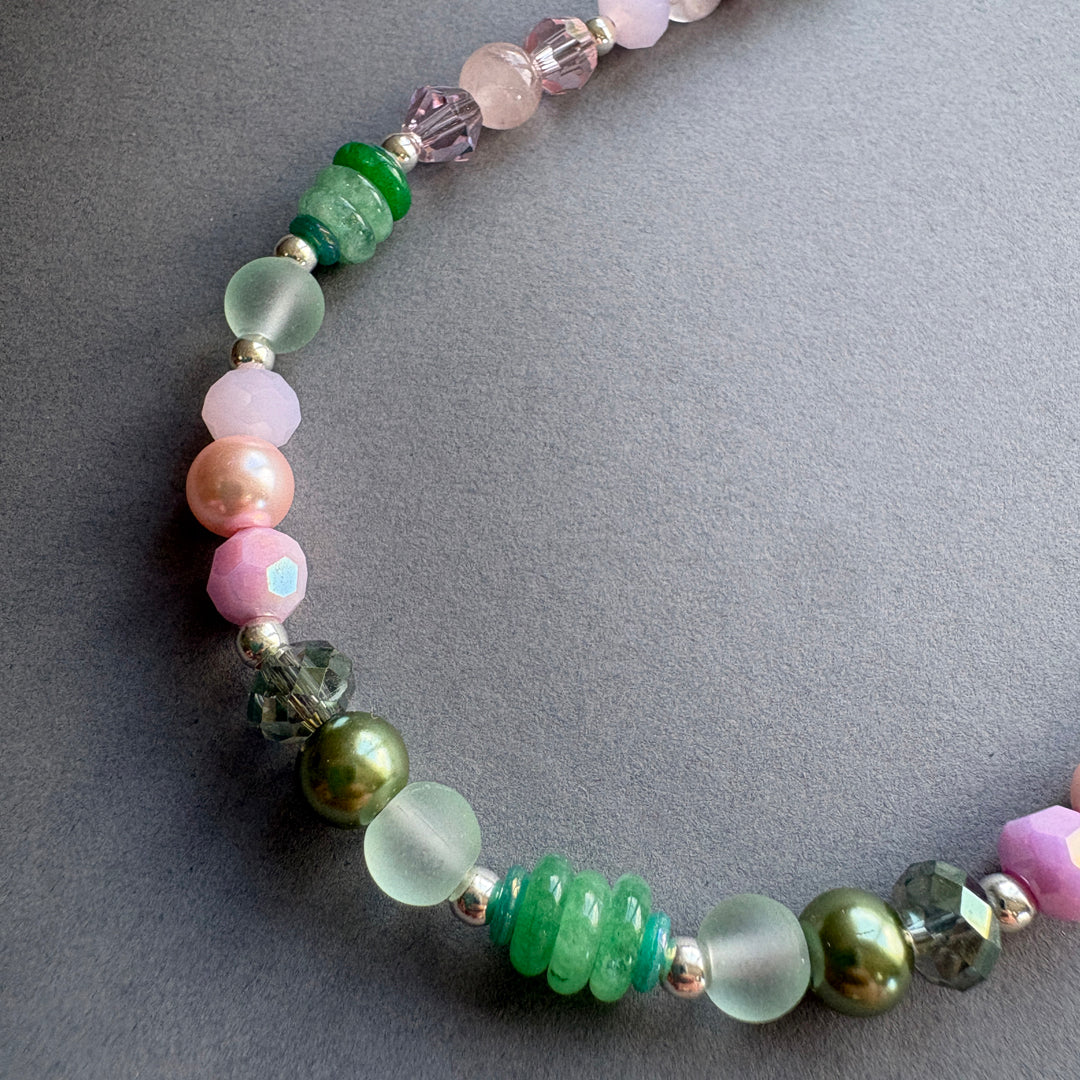 Unique Semi Precious Crystal Necklace - Pink-Green