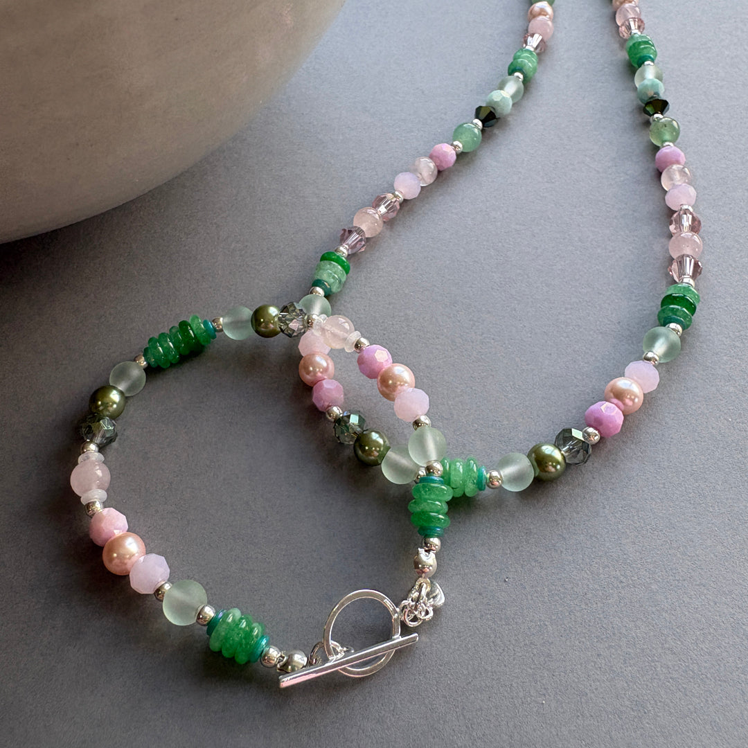 Unique Semi Precious Crystal Necklace - Pink-Green