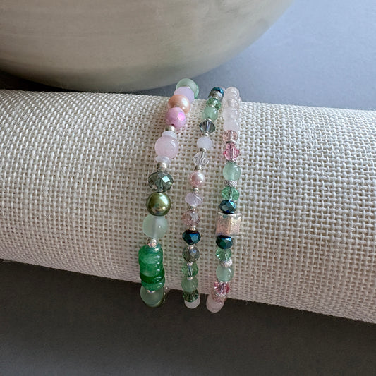 Co‑ordinated Gemstone Bracelet Trio with Silver Details - Green and Pink
