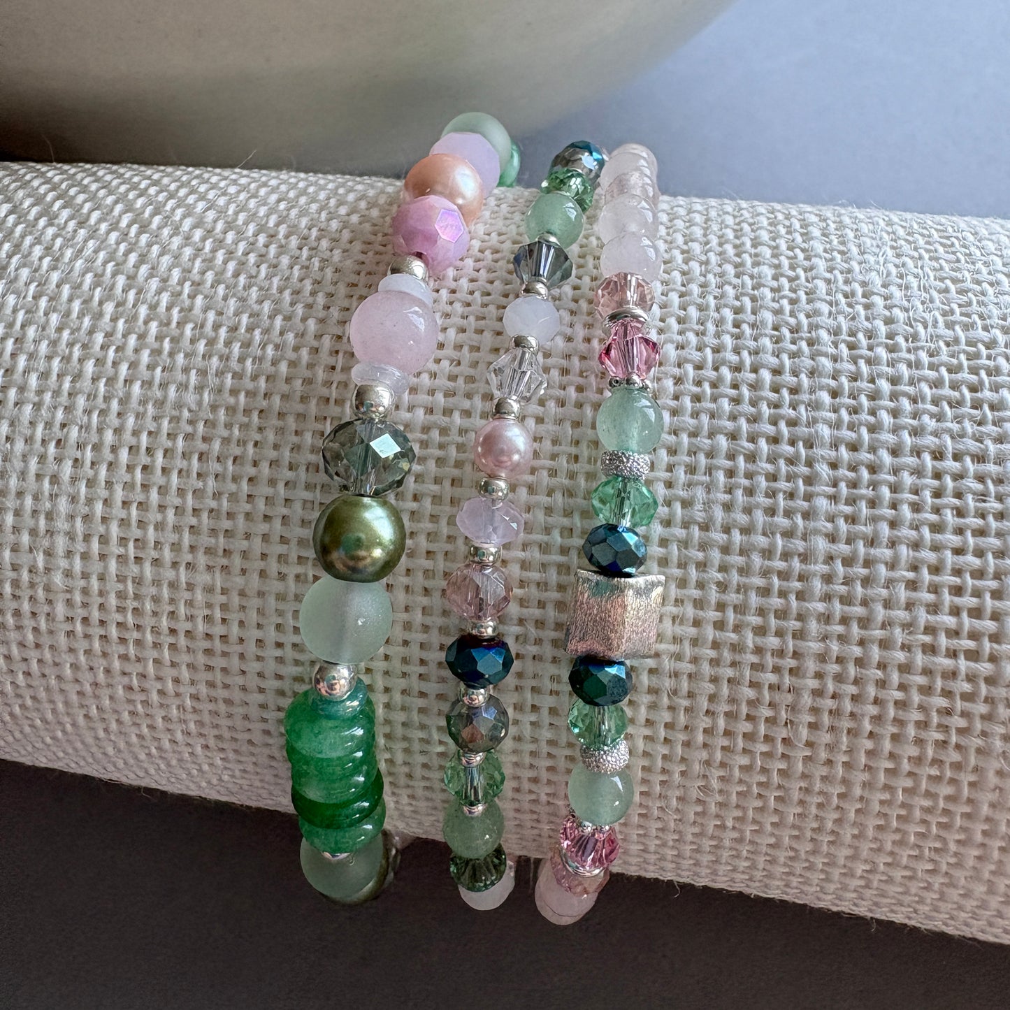 Handmade Semi Precious Beaded Bracelet with Sterling Silver Feature Bead - Green-Pink