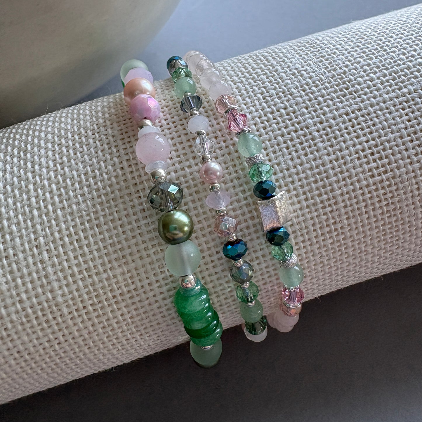 Co‑ordinated Gemstone Bracelet Trio with Silver Details - Green and Pink