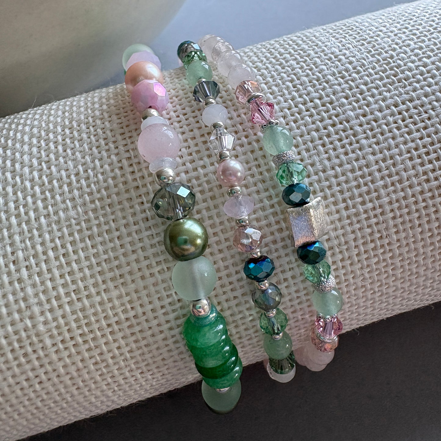 Co‑ordinated Gemstone Bracelet Trio with Silver Details - Green and Pink