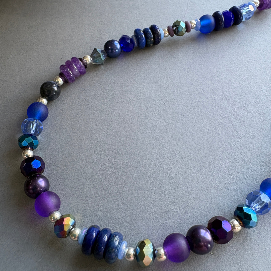 Semi Precious Bead Necklace with Faceted Crystal Sparkle - Purple-Blue