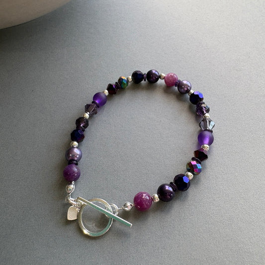 Unique Mixed_Gemstone Bracelet with Silver Details - Purple