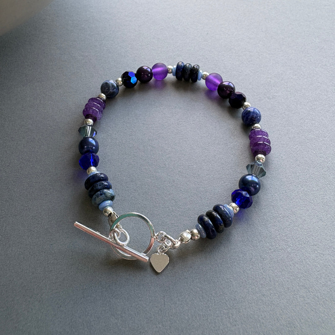 Semi_Precious Bead Bracelet with Faceted Crystal Sparkle - Purple & Blue