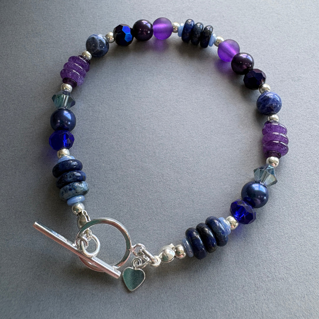 Handmade Semi Precious Bracelet set with Sterling Silver highlights - Purple and Blue