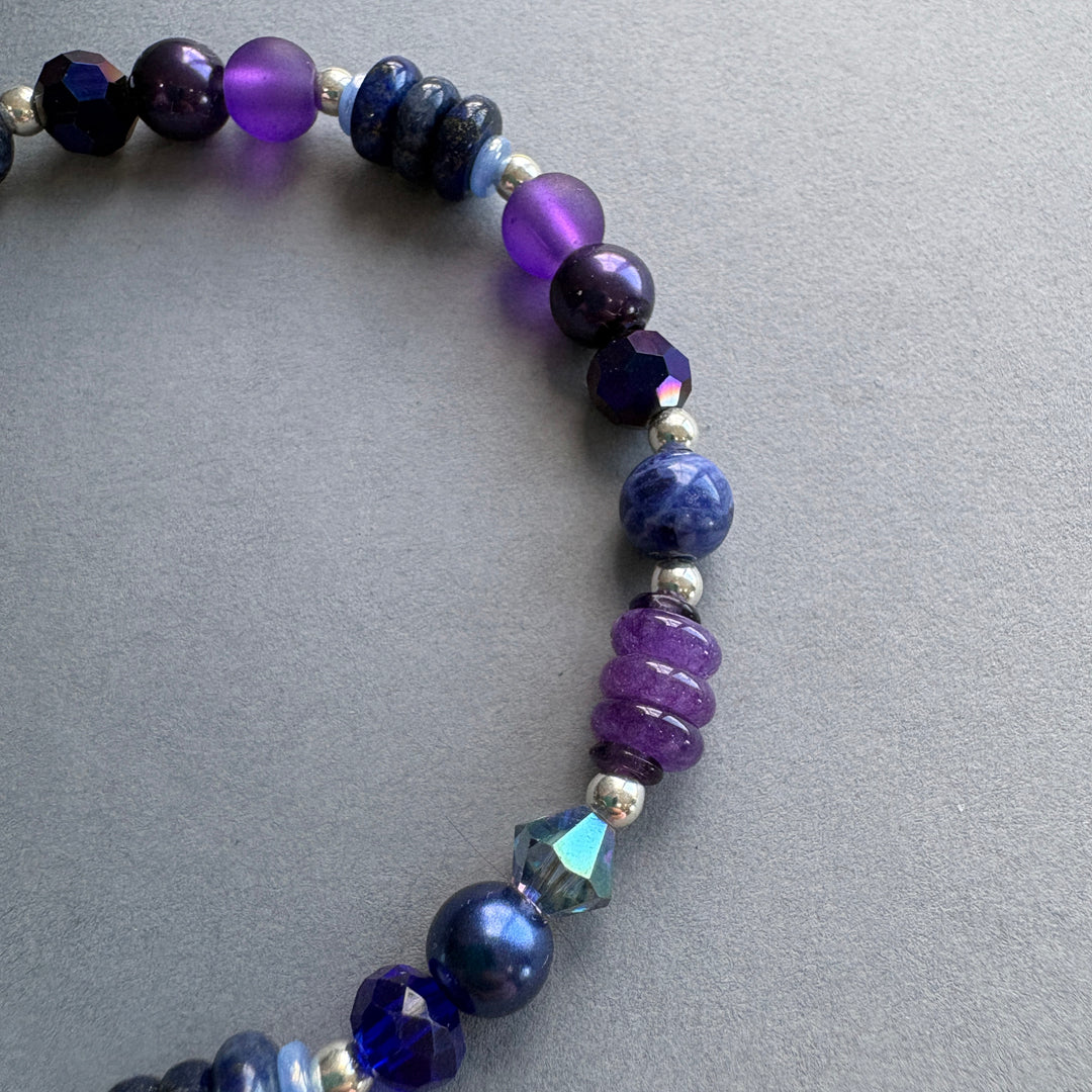 Semi_Precious Bead Bracelet with Faceted Crystal Sparkle - Purple & Blue