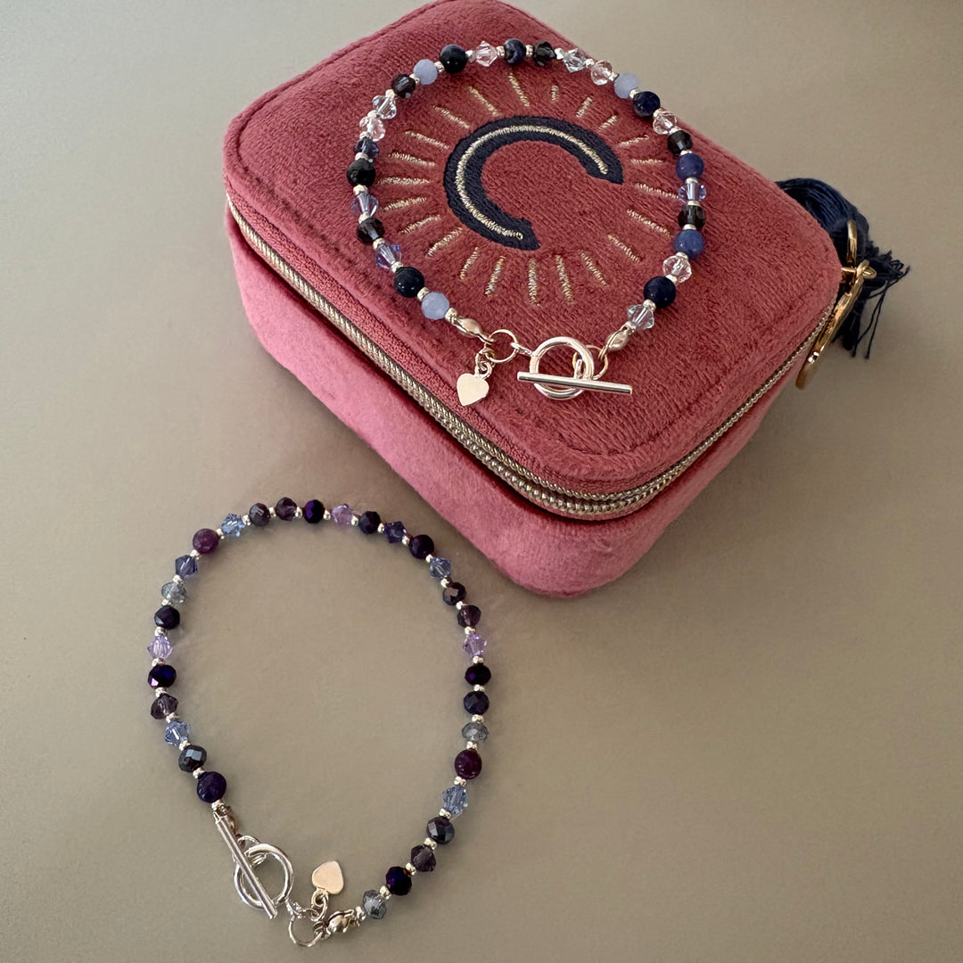 Blue Crystal & Semi-Precious Beaded Bracelet - Sterling Silver Toggle Clasp | Handmade Jewellery Gift