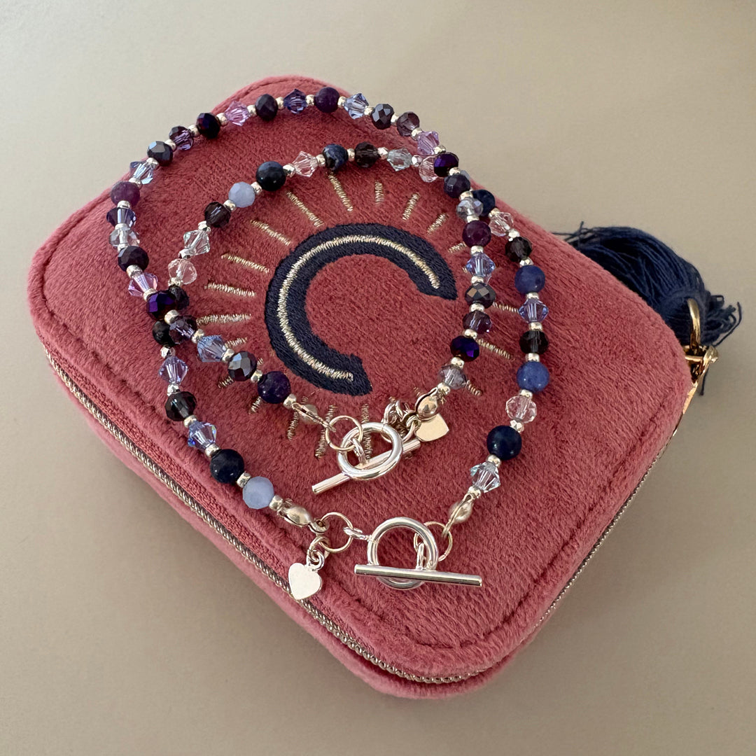 Blue Crystal & Semi-Precious Beaded Bracelet - Sterling Silver Toggle Clasp | Handmade Jewellery Gift