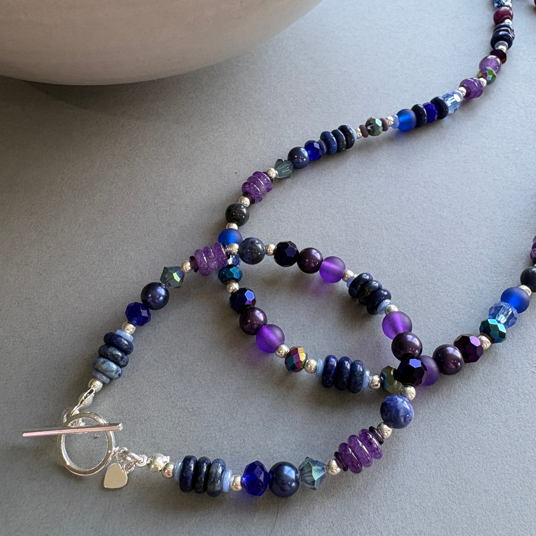 Semi Precious Bead Necklace with Faceted Crystal Sparkle - Purple-Blue