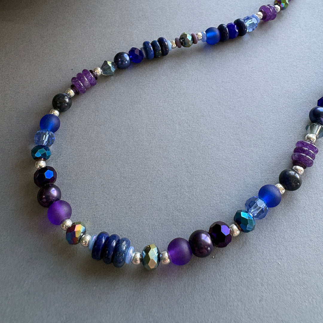 Semi Precious Bead Necklace with Faceted Crystal Sparkle - Purple-Blue