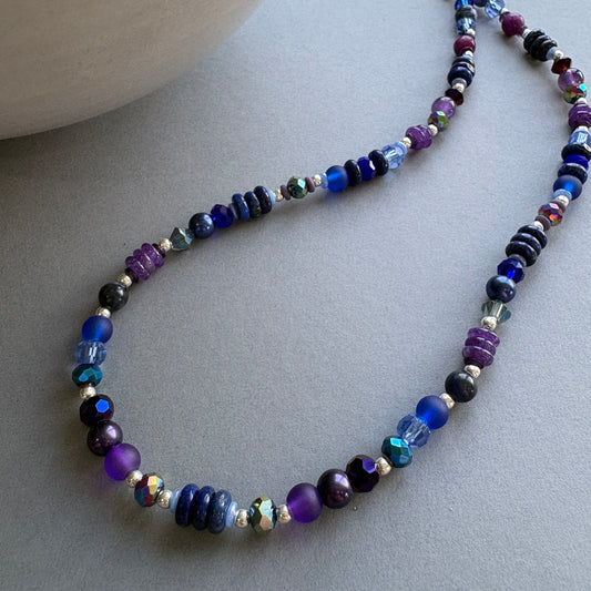 Semi Precious Bead Necklace with Faceted Crystal Sparkle - Purple-Blue
