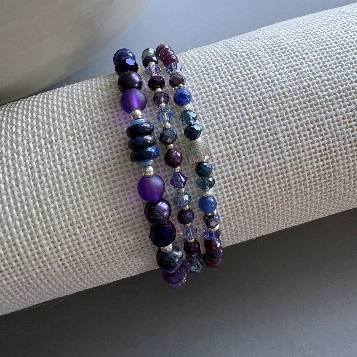 Handmade Semi Precious Bracelet set with Sterling Silver highlights - Purple and Blue