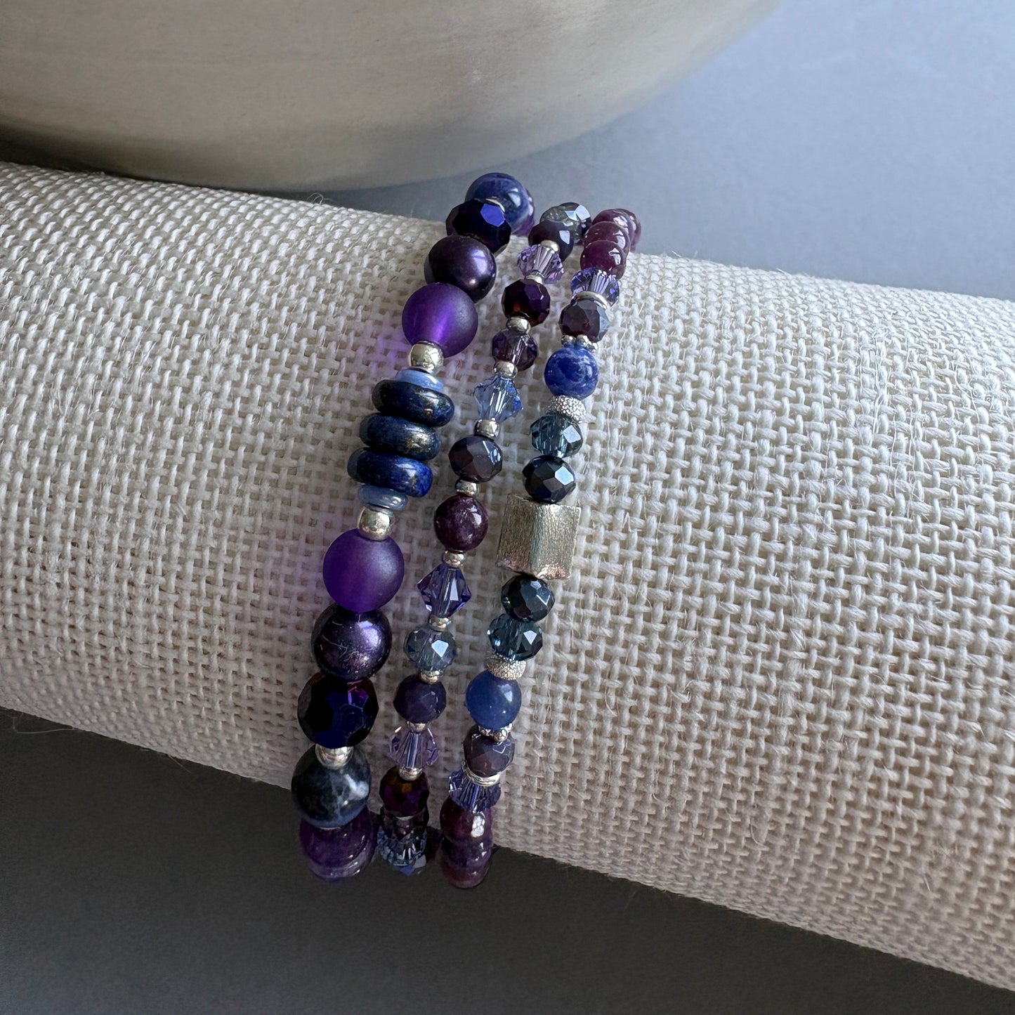 Handmade Semi Precious Bracelet set with Sterling Silver highlights - Purple and Blue