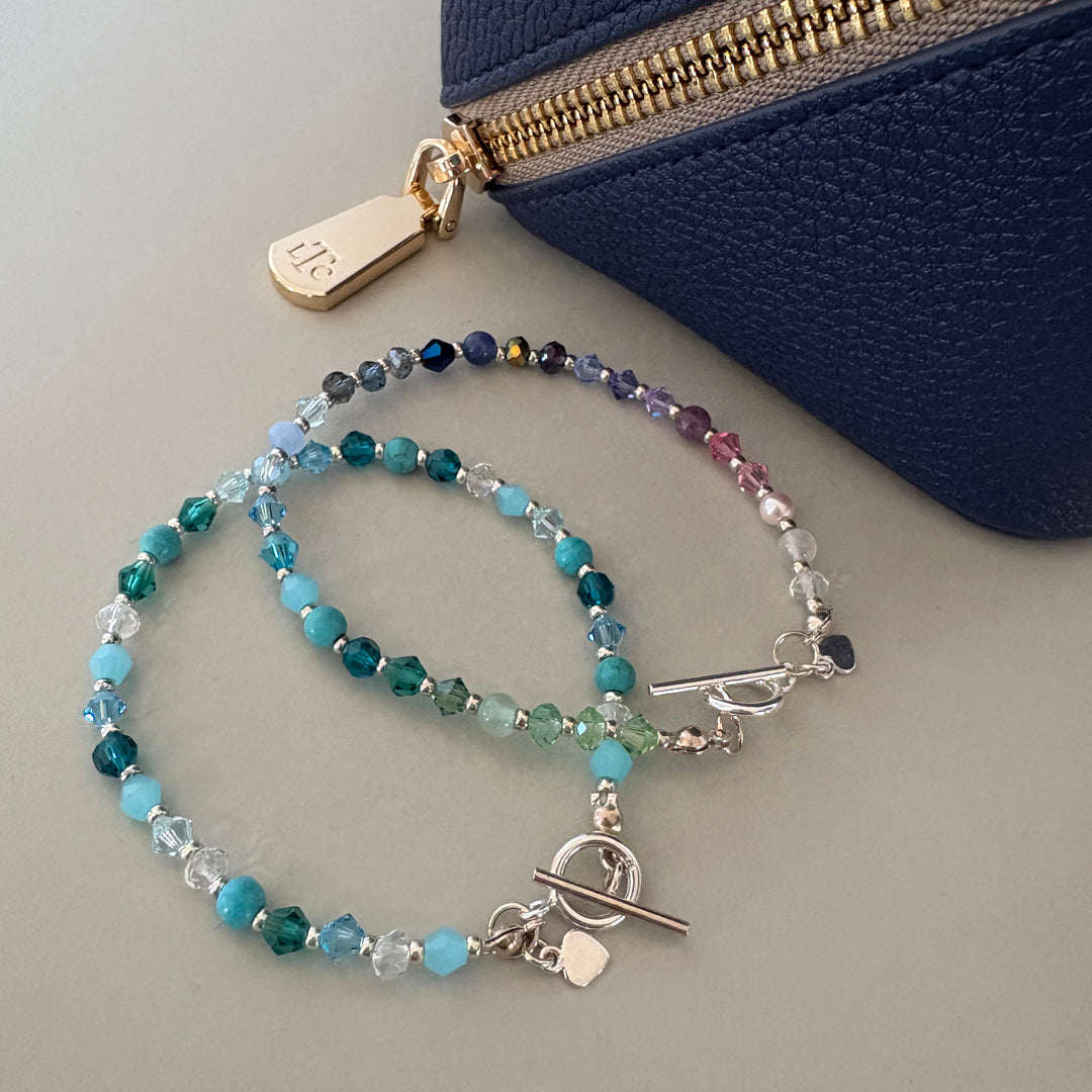Handmade Turquoise Crystal & Semi-Precious Bead Bracelet with Sterling Silver T Bar and ring Clasp | Boho Jewellery Gift