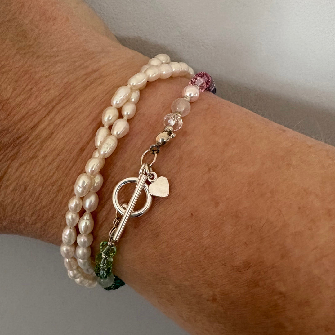 Colourful Handmade Rainbow Bead Bracelet with Sterling Silver Clasp and Heart Charm Detail | Gift for Her