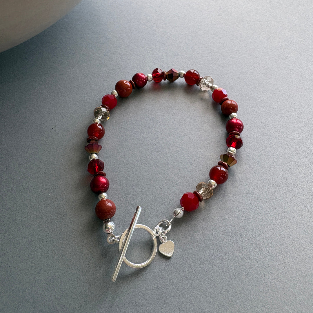 Unique Handmade Bracelet with Gemstones & Crystal - Red