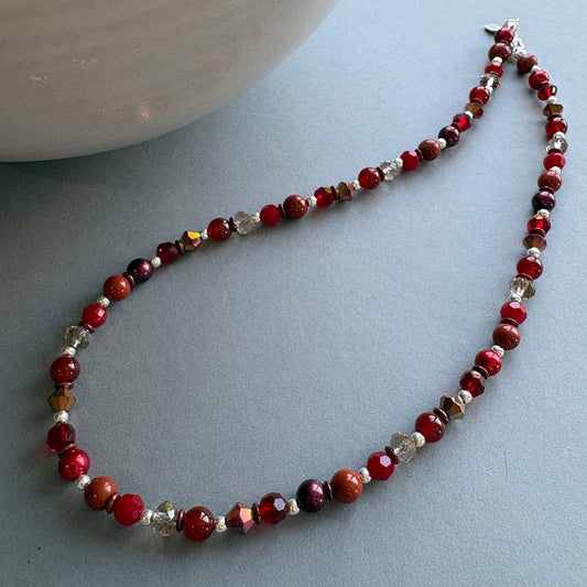 Unique Handmade Necklace with Gemstones & Crystal - Red