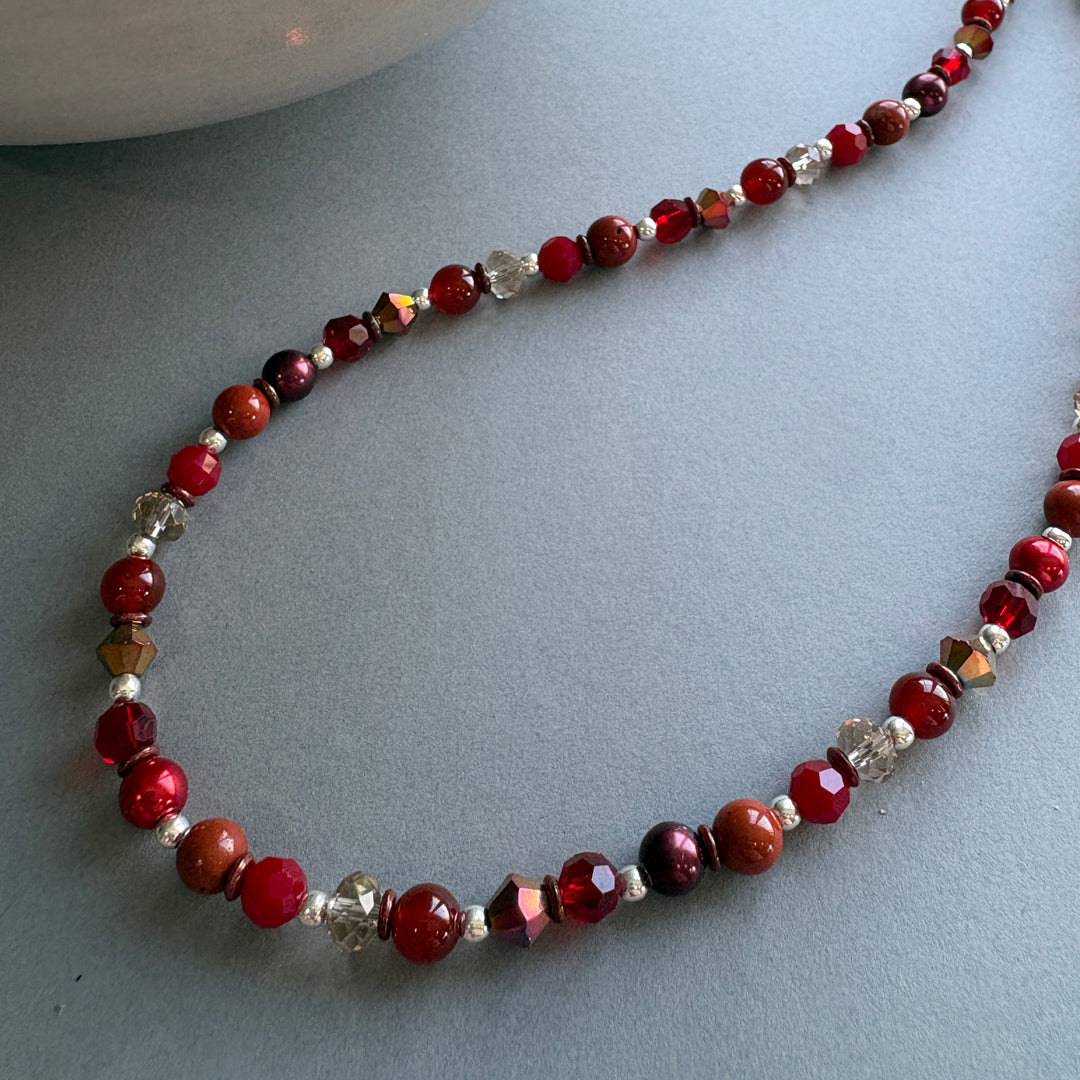 Unique Handmade Necklace with Gemstones & Crystal - Red