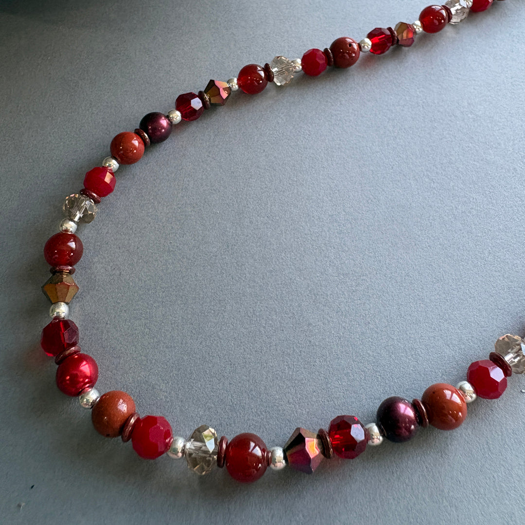 Unique Handmade Necklace with Gemstones & Crystal - Red