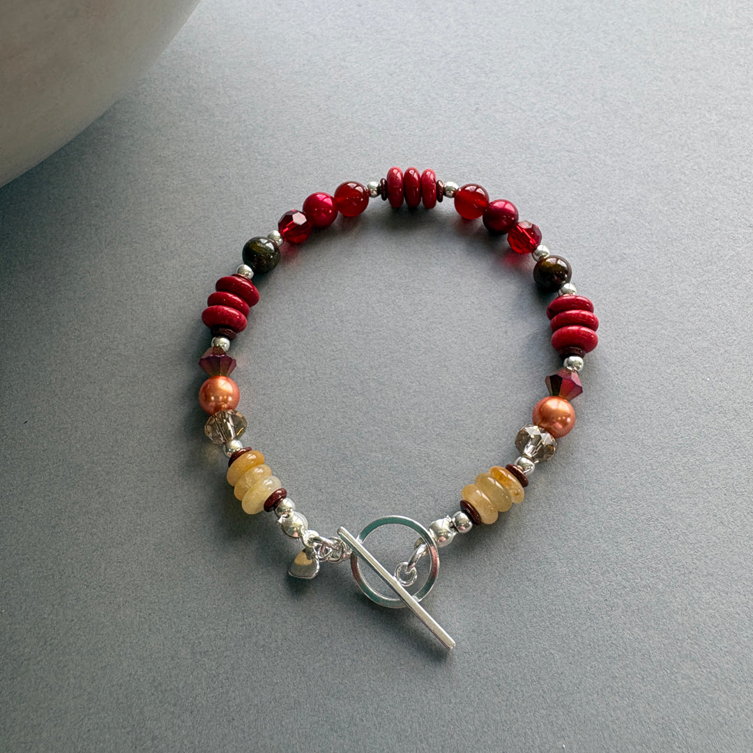 Handcrafted Bracelet with Semi_Precious Stones & Silver - Red & Yellow