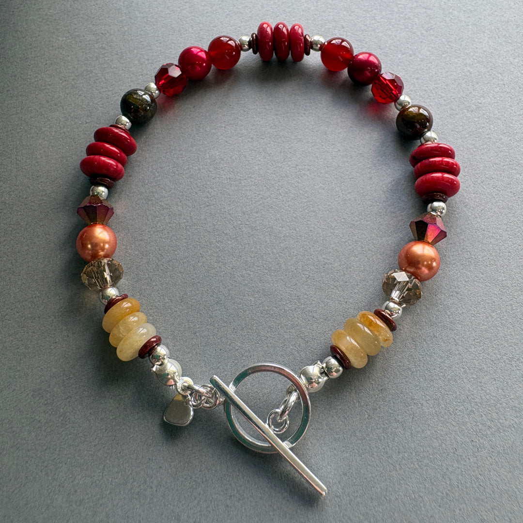 Handcrafted Bracelet with Semi_Precious Stones & Silver - Red & Yellow