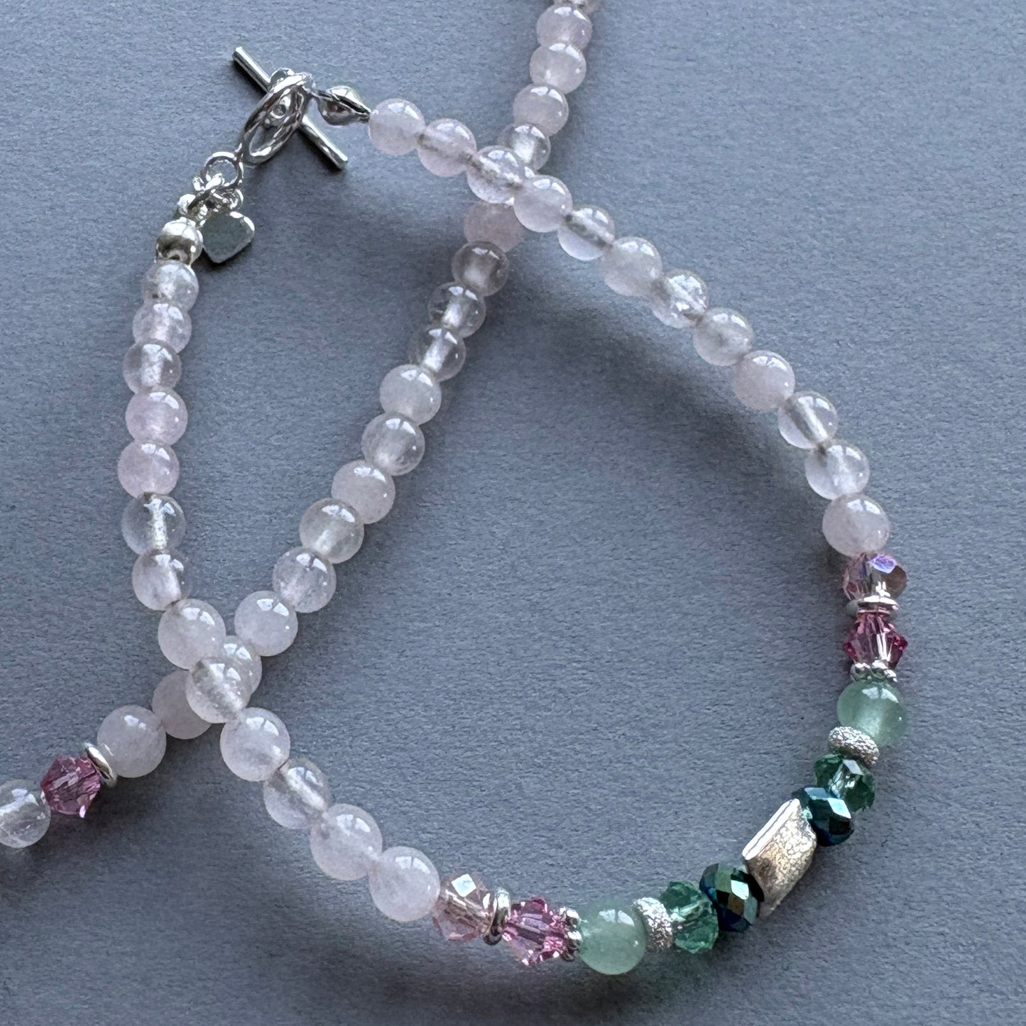 Handmade Semi Precious Beaded Bracelet with Sterling Silver Feature Bead - Green-Pink