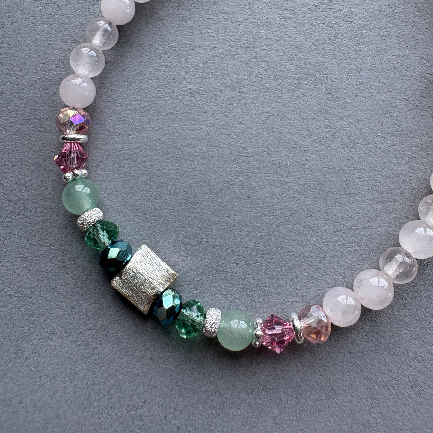 Handmade Semi Precious Beaded Bracelet with Sterling Silver Feature Bead - Green-Pink