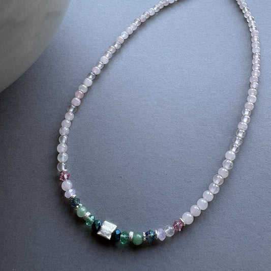 Handmade Semi Precious Beaded Necklace with Sterling Silver Feature Bead - Green-Pink