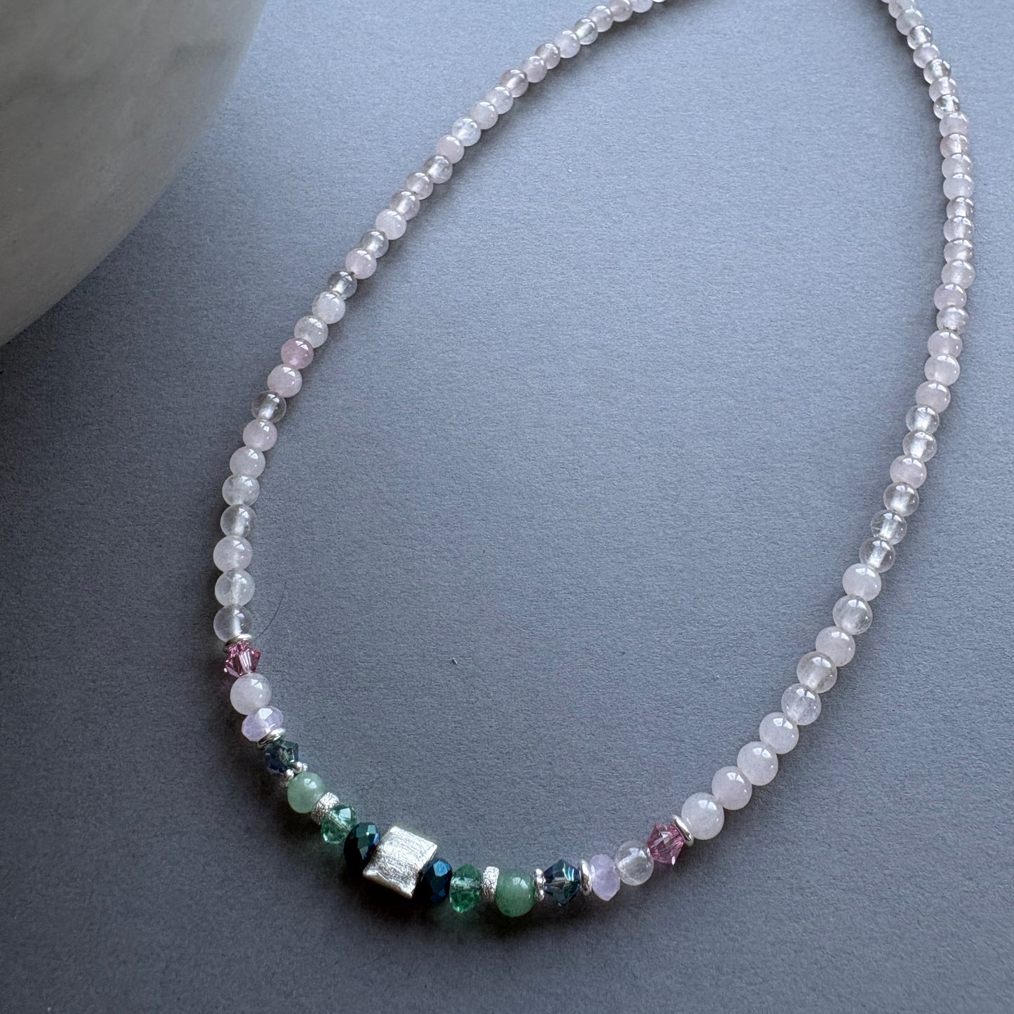 Handmade Semi Precious Beaded Bracelet with Sterling Silver Feature Bead - Green-Pink