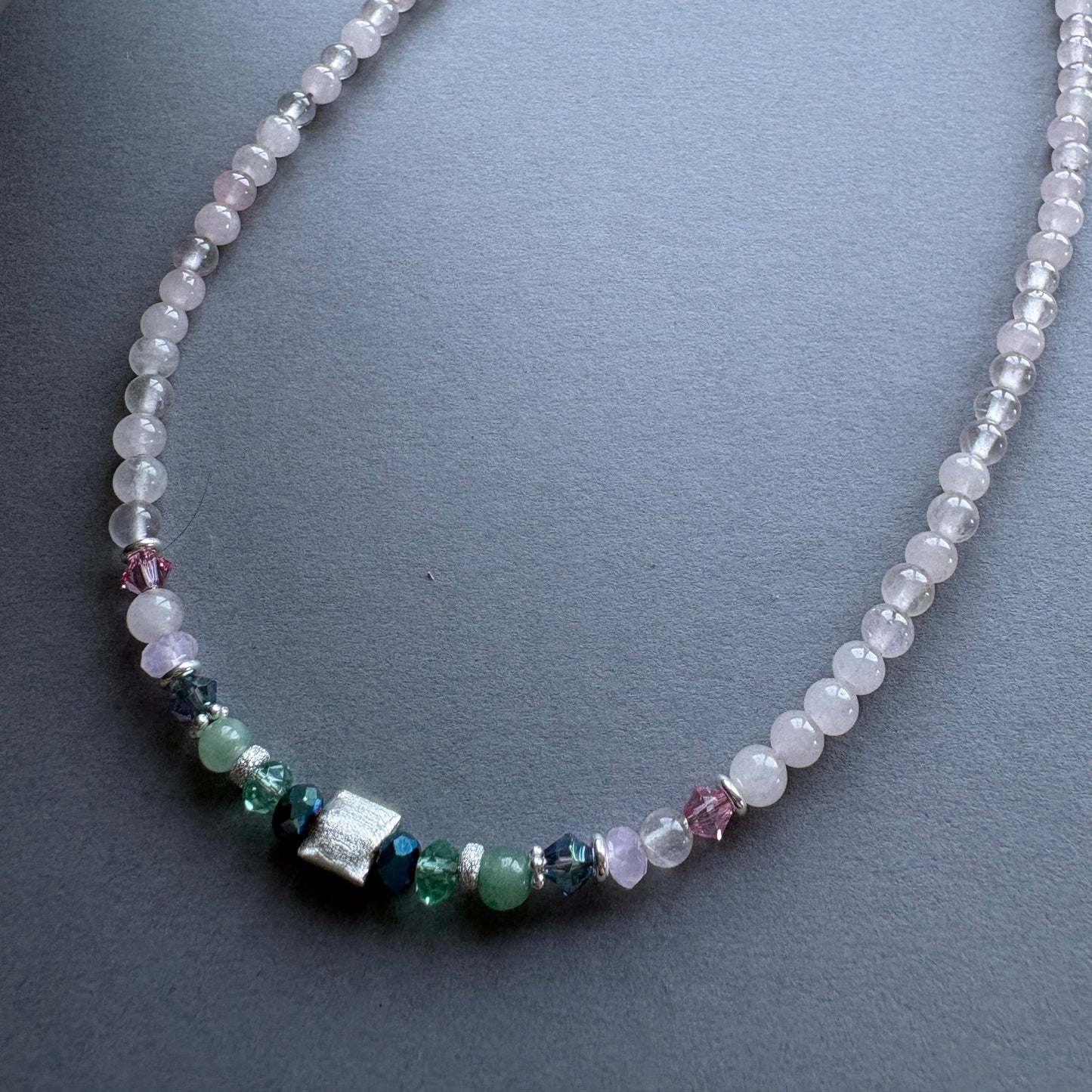 Handmade Semi Precious Beaded Necklace with Sterling Silver Feature Bead - Green-Pink