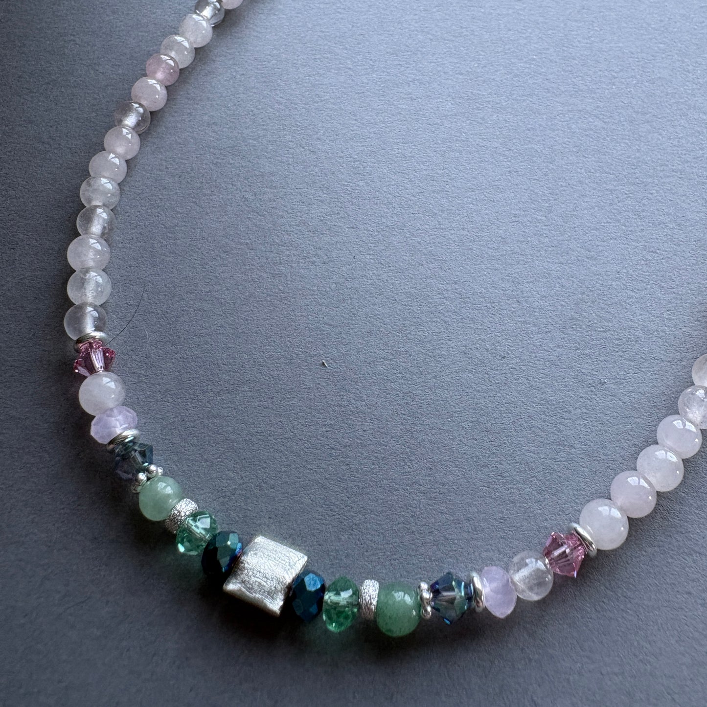 Handmade Semi Precious Beaded Necklace with Sterling Silver Feature Bead - Green-Pink