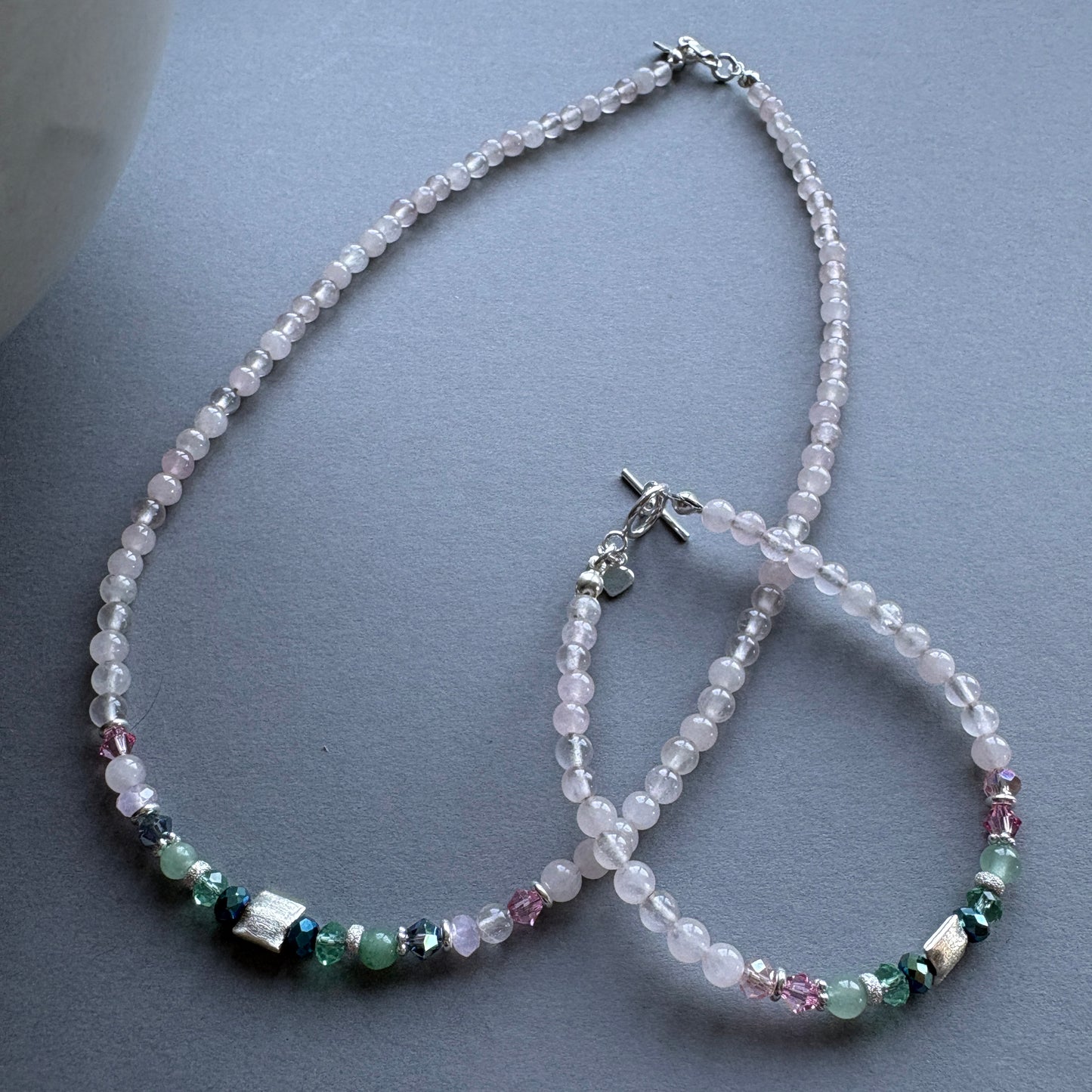 Handmade Semi Precious Beaded Necklace with Sterling Silver Feature Bead - Green-Pink