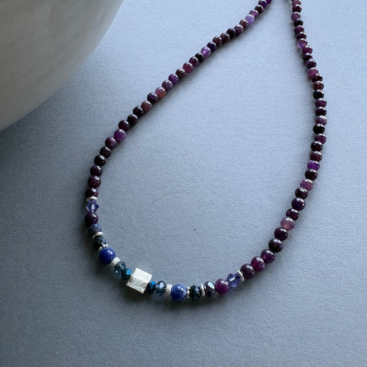 Colourful Semi Precious Beaded Necklace with Sterling Silver Details - Purple-Blue