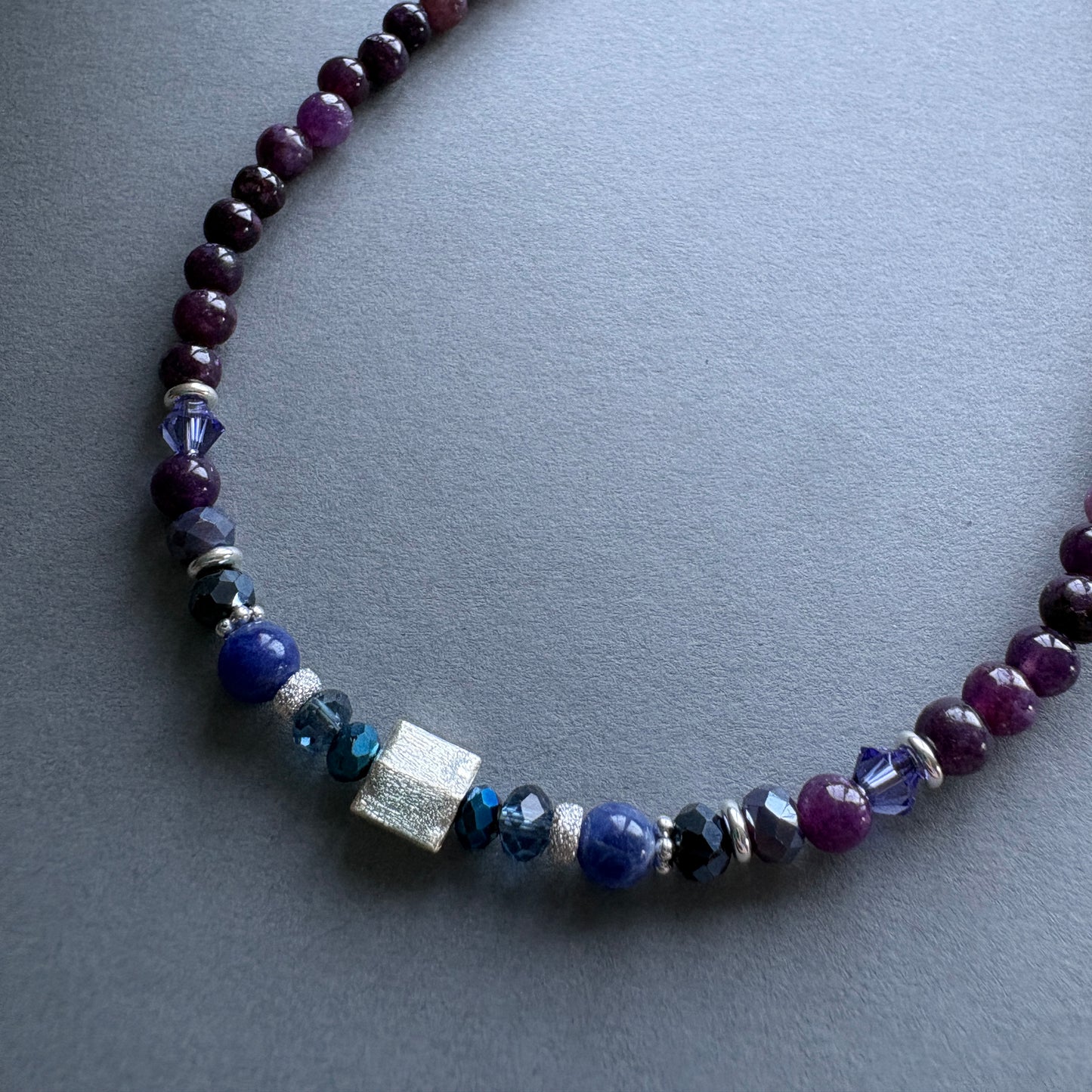 Colourful Semi Precious Beaded Necklace with Sterling Silver Details - Purple-Blue