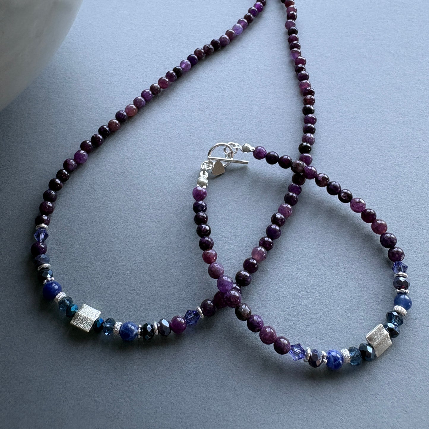 Colourful Semi Precious Beaded Bracelet with Sterling Silver Details - Purple-Blue