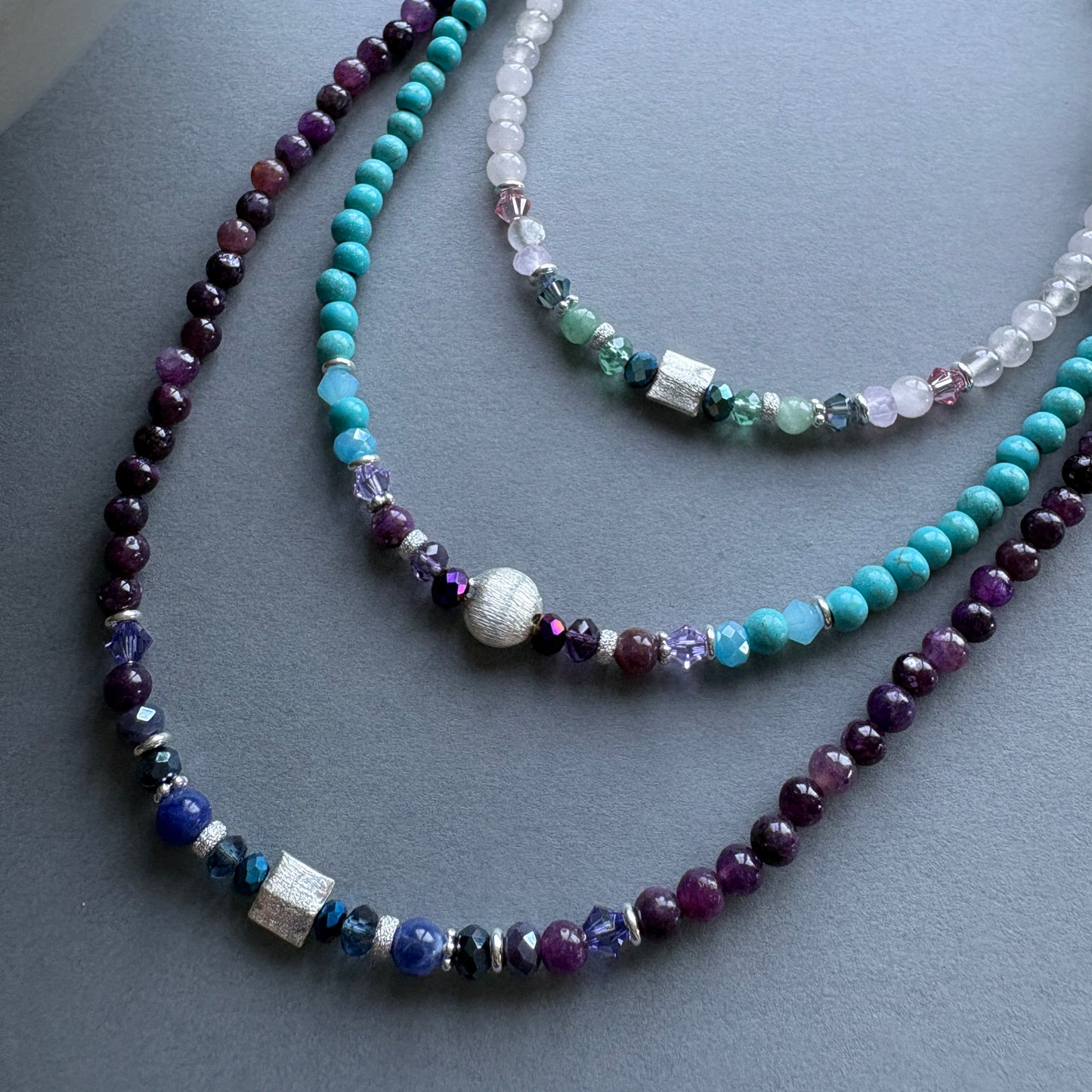 Handmade Semi Precious Beaded Necklace with Sterling Silver Feature Bead - Green-Pink