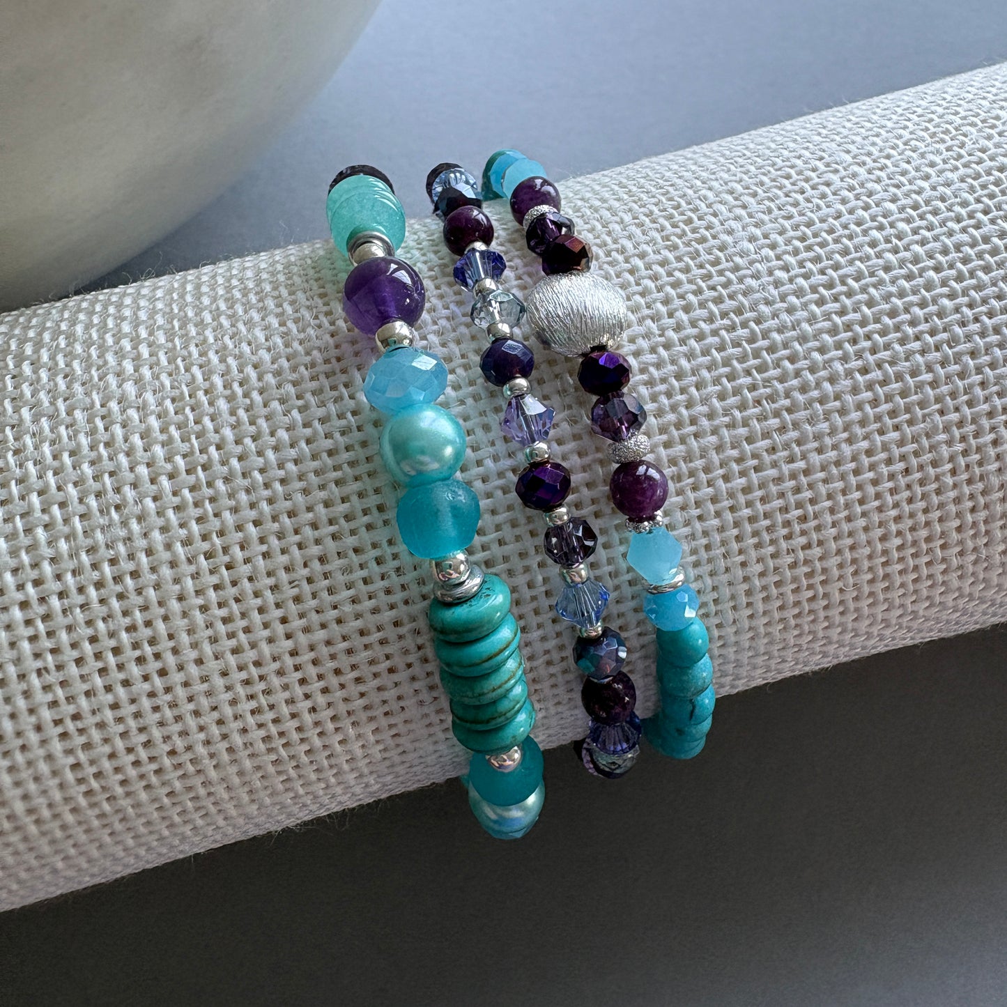 Handmade Semi‑Precious Bracelet Stack – Set of 3 - Turquoise & Purple