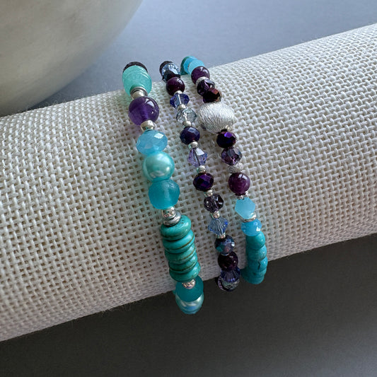 Handmade Semi‑Precious Bracelet Stack – Set of 3 - Turquoise & Purple