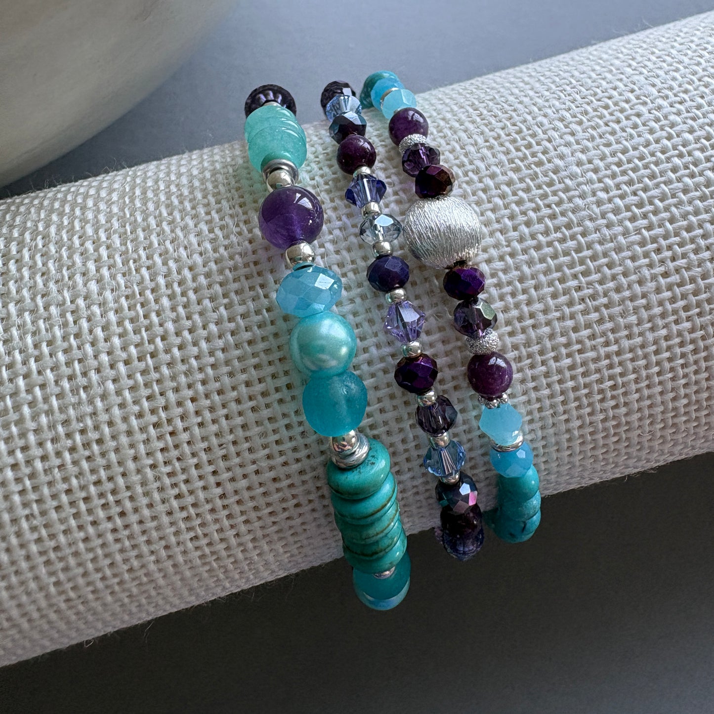 Handmade Semi‑Precious Bracelet Stack – Set of 3 - Turquoise & Purple
