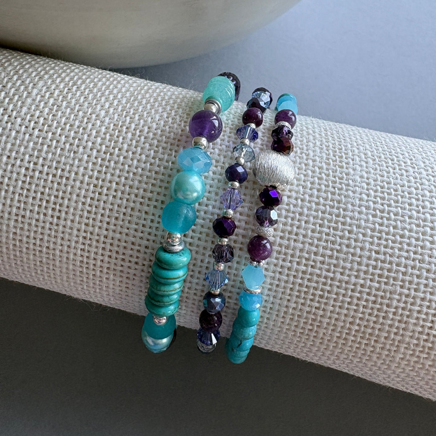 Handmade Semi‑Precious Bracelet Stack – Set of 3 - Turquoise & Purple