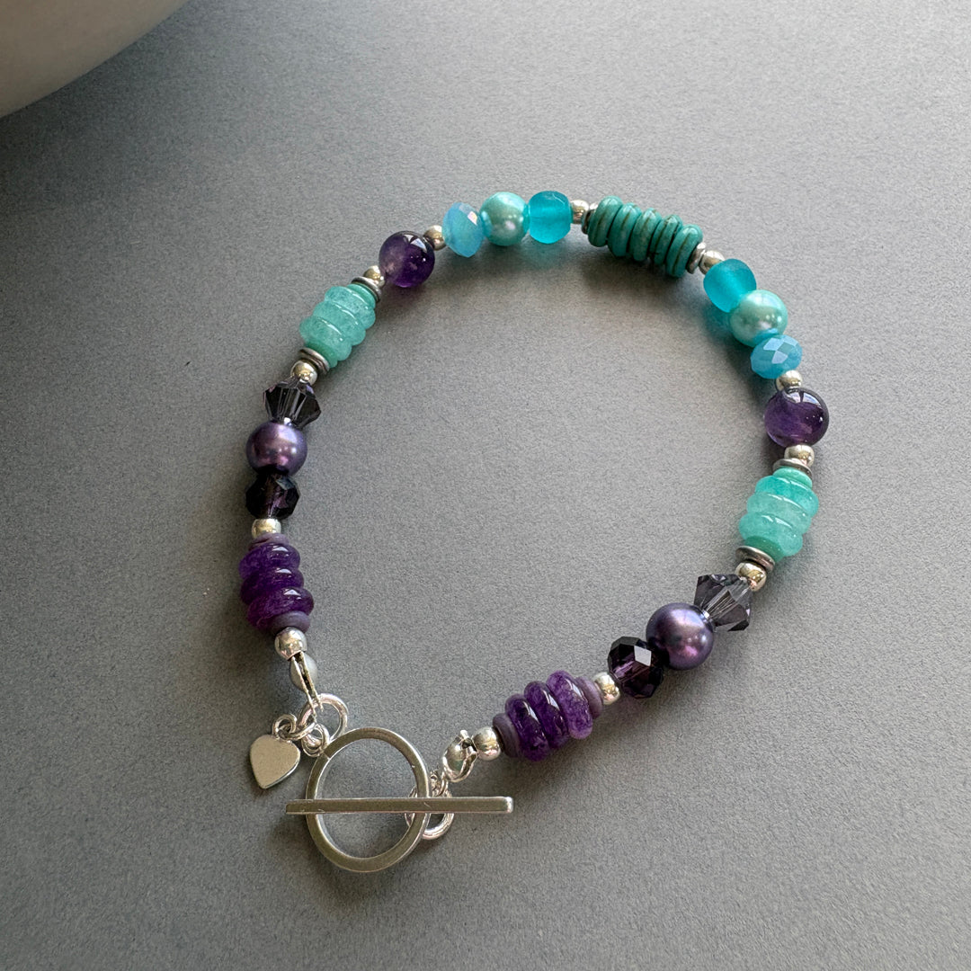 Handmade Gemstone Bracelet with Sterling Silver Beads - Turquiose & Purple