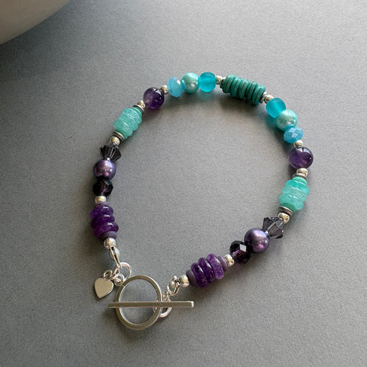Handmade Gemstone Bracelet with Sterling Silver Beads - Turquiose & Purple
